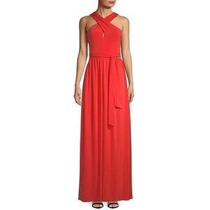Halston Heritage Women's Sleeveless Cross Neck Jersey Gown with Back Knot Detail